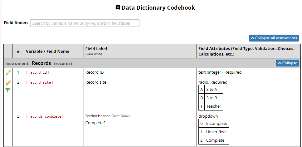 Screenshot of the Codebook for the example project showing the variables in the Records instrument, including the "record_site" variable.
