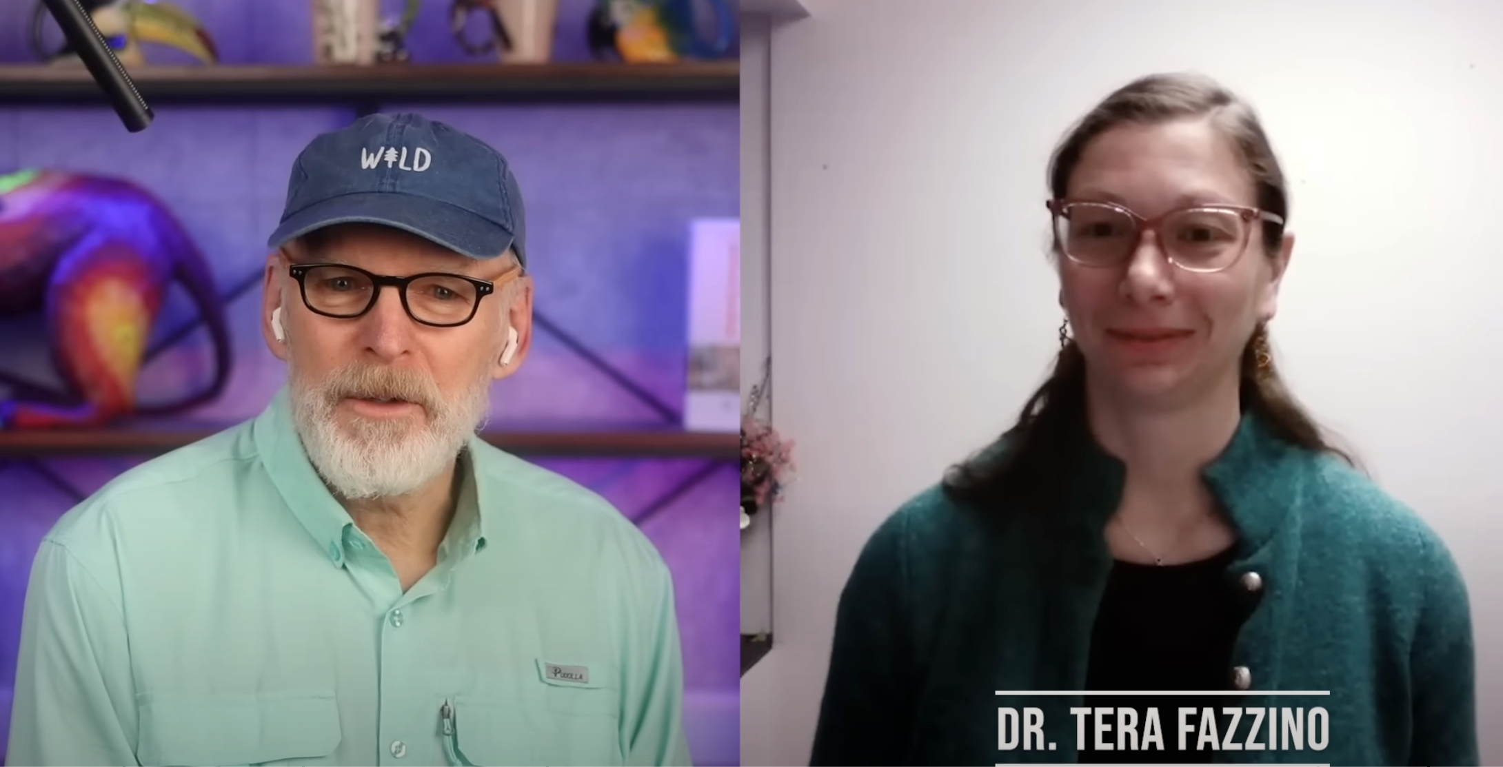 "An image shows a man with a white beard and a light green shirt wearing a denim blue cap with the word wild on it with a split screen image of a woman with a green sweater and the text "Dr. Tera Fazzino" at the bottom of the frame"