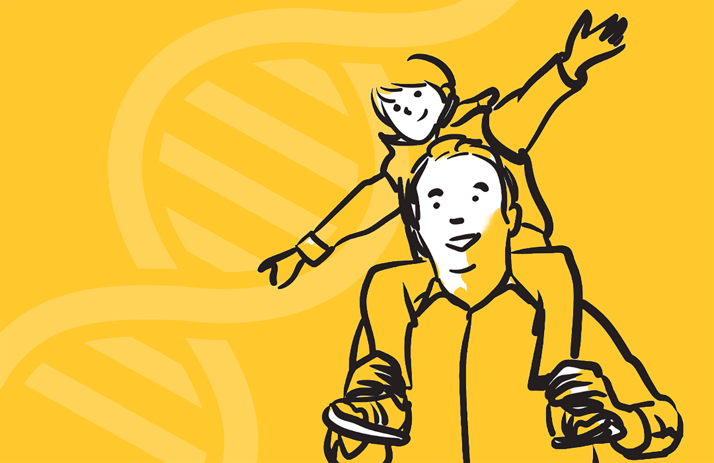 "A man holds a child on his shoulders against a yellow background"