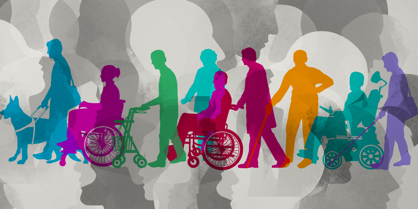 "Colorful outlines of people with a diversity of disabilities are shown on a black and white background of profiles of faces."